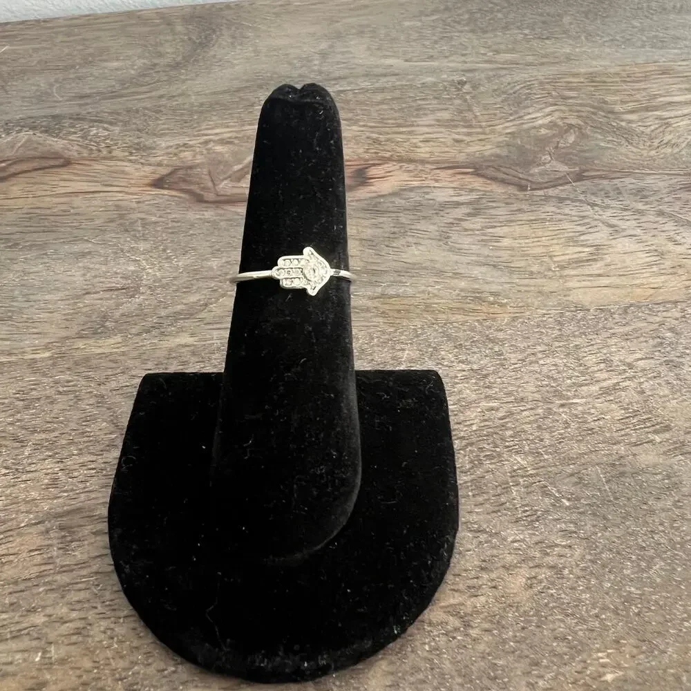 Rhinestone studded silver tone Hamsa hand ring - size 7